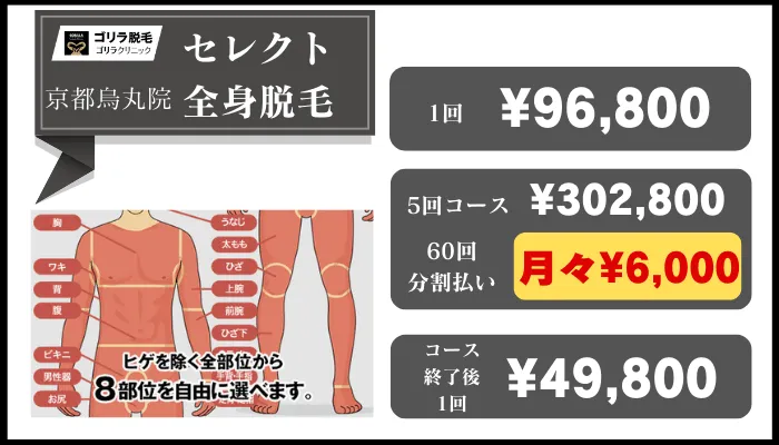 ゴリラクリニック京都烏丸セレクト全身脱毛料金