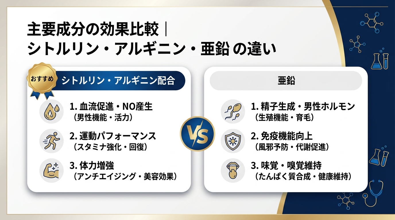 主要成分の効果比較｜シトルリン・アルギニン・亜鉛の違い
